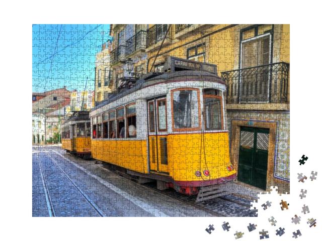 Puzzle 1000 Teile „Traditionelle gelbe Straßenbahn in Lissabon, Portugal“