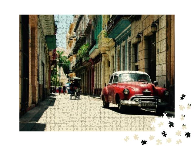 Puzzle 1000 Teile „Roter Oldtimer in den Straßen von Havanna, Kuba“