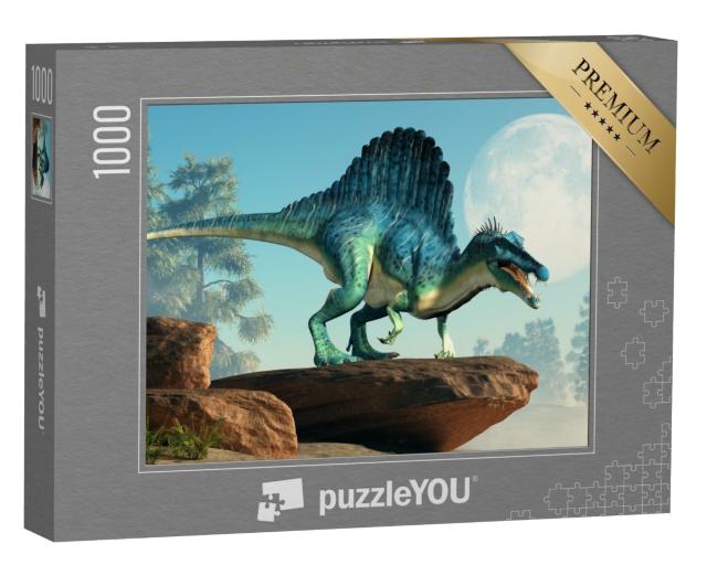 Puzzle 1000 Teile „3D-Illustration: ein Spinosaurus auf einer Klippe bei Mondschein“