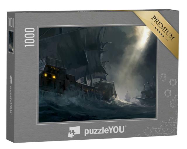 Puzzle 1000 Teile „Alte Kriegsschiffe auf rauer See“