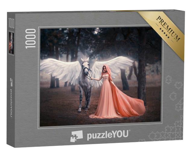 Puzzle 1000 Teile „Künstlerische Fotografie: Junge Elfenfrau  mit ihrem geflügelten Einhorn“