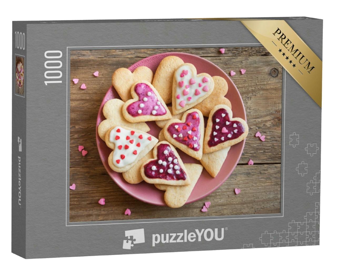 Puzzle 1000 Teile „Glasierte Kekse in Herzform zum Valentinstag“