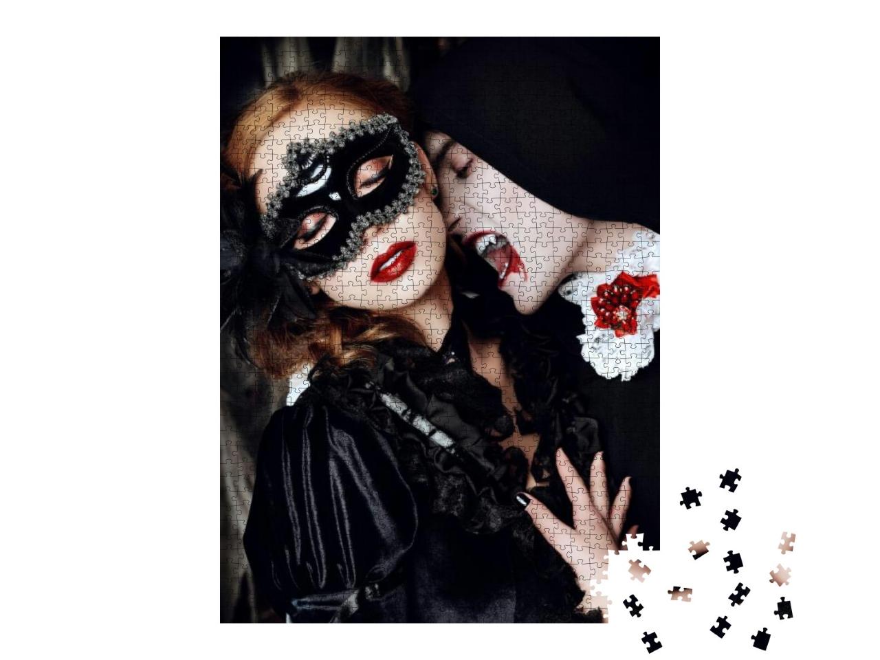 Puzzle 1000 Teile „Ein Vampir in mittelalterlicher Kleidung beißt eine junge Frau“