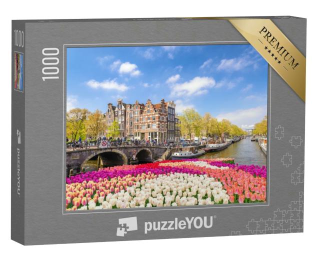 Puzzle 1000 Teile „Amsterdam: Kanalufer mit Tulpenblüte im Frühling“