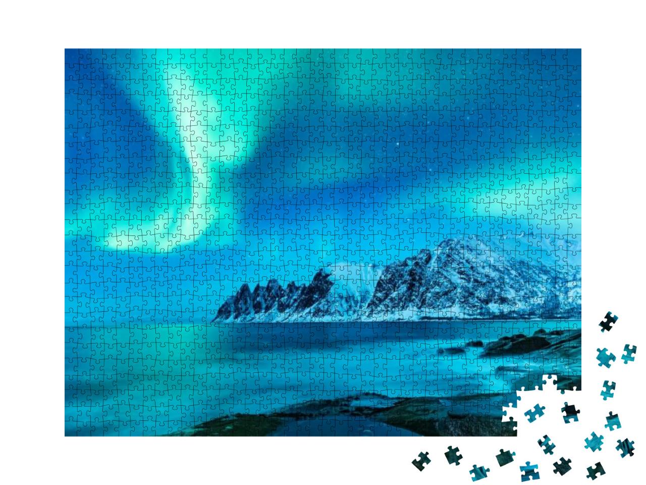 Puzzle 1000 Teile „Lebendige Nordlichter während der Polarnacht auf den Lofoten, Norwegen“
