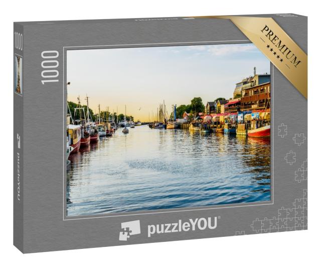 Puzzle 1000 Teile „Kanal mit Schiffen und Ostsee in Warnemünde, Rostock, Deutschland“