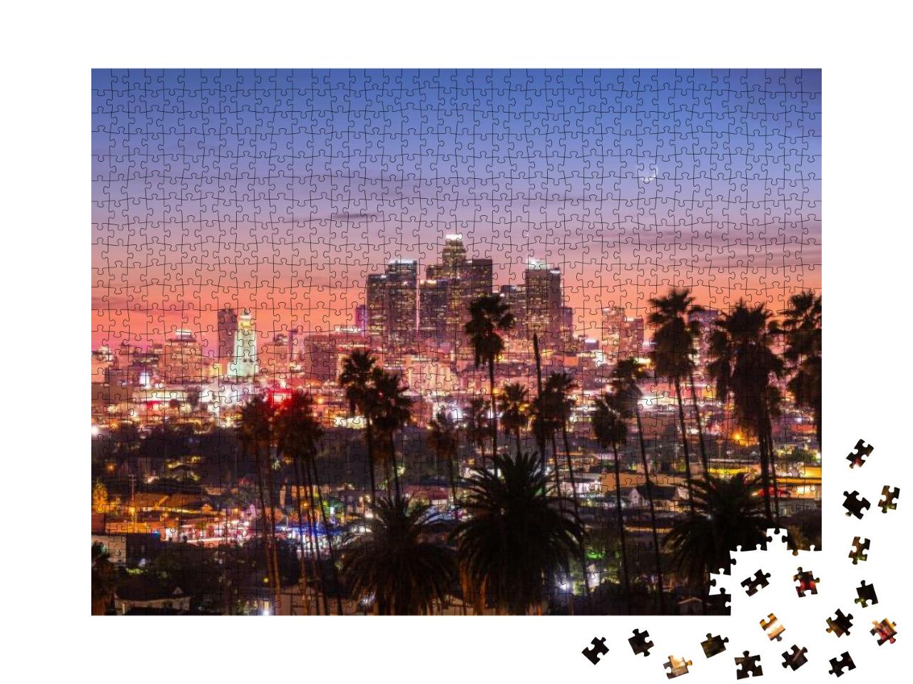 Puzzle 1000 Teile „Ein Sonnenuntergang durch die Palmen, Los Angeles, Kalifornien“