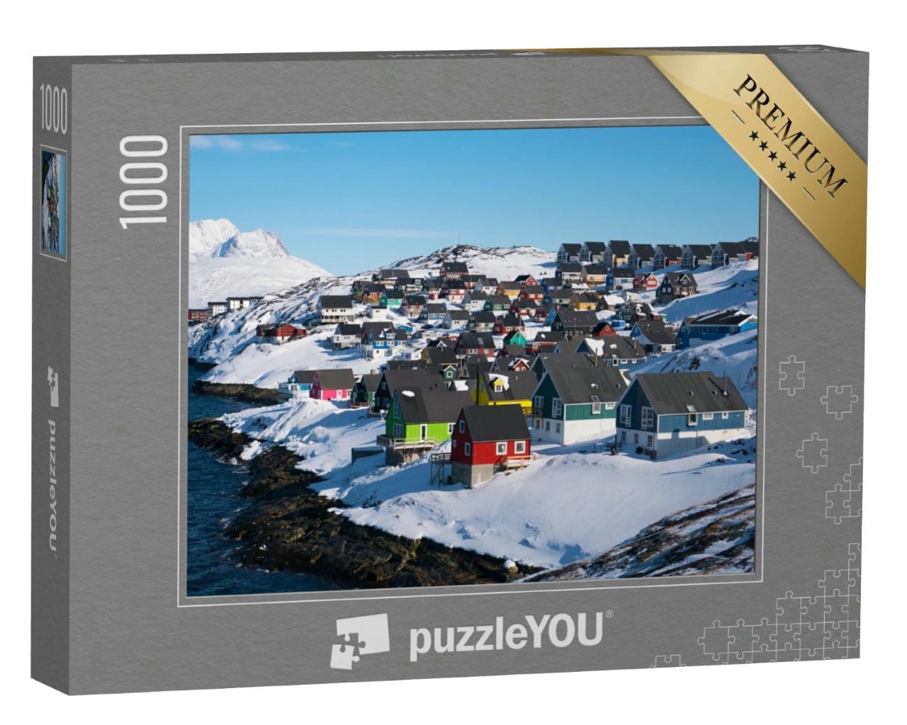 Puzzle 1000 Teile „Bunte Häuser von Myggedalen, Nuuk, Grönland“