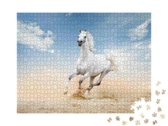 Puzzle 1000 Teile „Drei Araber-Pferde laufen durch eine Wüste“