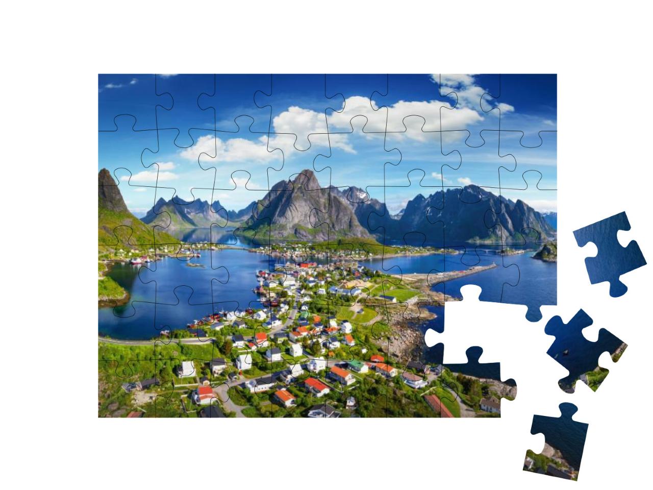 Puzzle 48 Teile „Dorf Reine unter einem sonnigen, blauen Himmel, Lofoten, Norwegen“