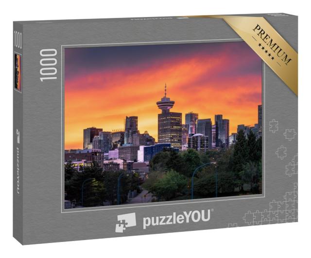Puzzle 1000 Teile „Farbenfroher Sonnenuntergang hinter der Skyline  von Vancouver“