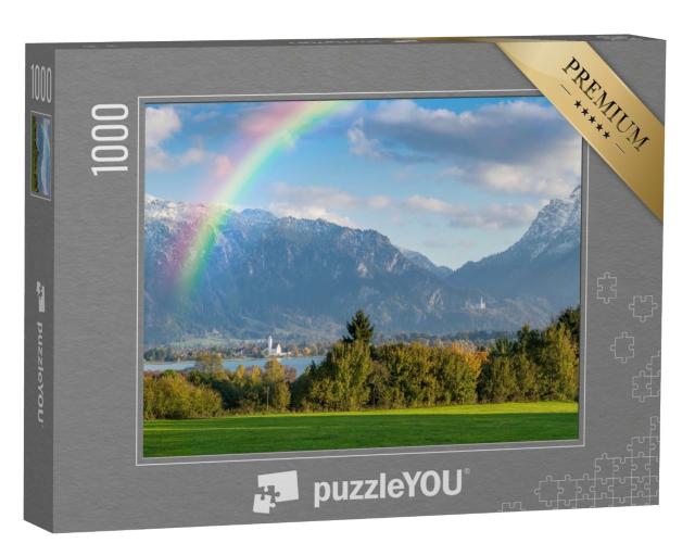 Puzzle 1000 Teile „Herbstliches Landschaftspanorama mit Regenbogen über dem Forggensee“