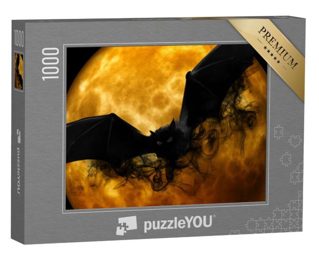 Puzzle 1000 Teile „Fledermaus vor einem orangefarbenen Mond“