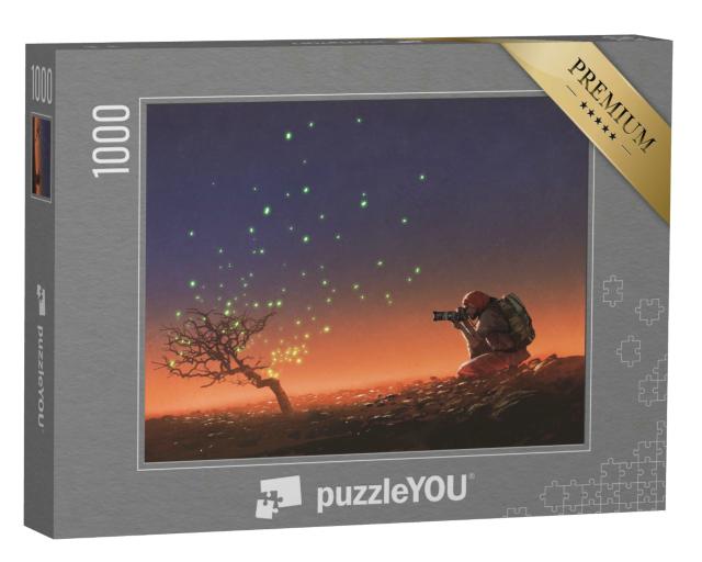 Puzzle 1000 Teile „Reise: Mann macht ein Foto von einem Baum mit leuchtenden Blättern“