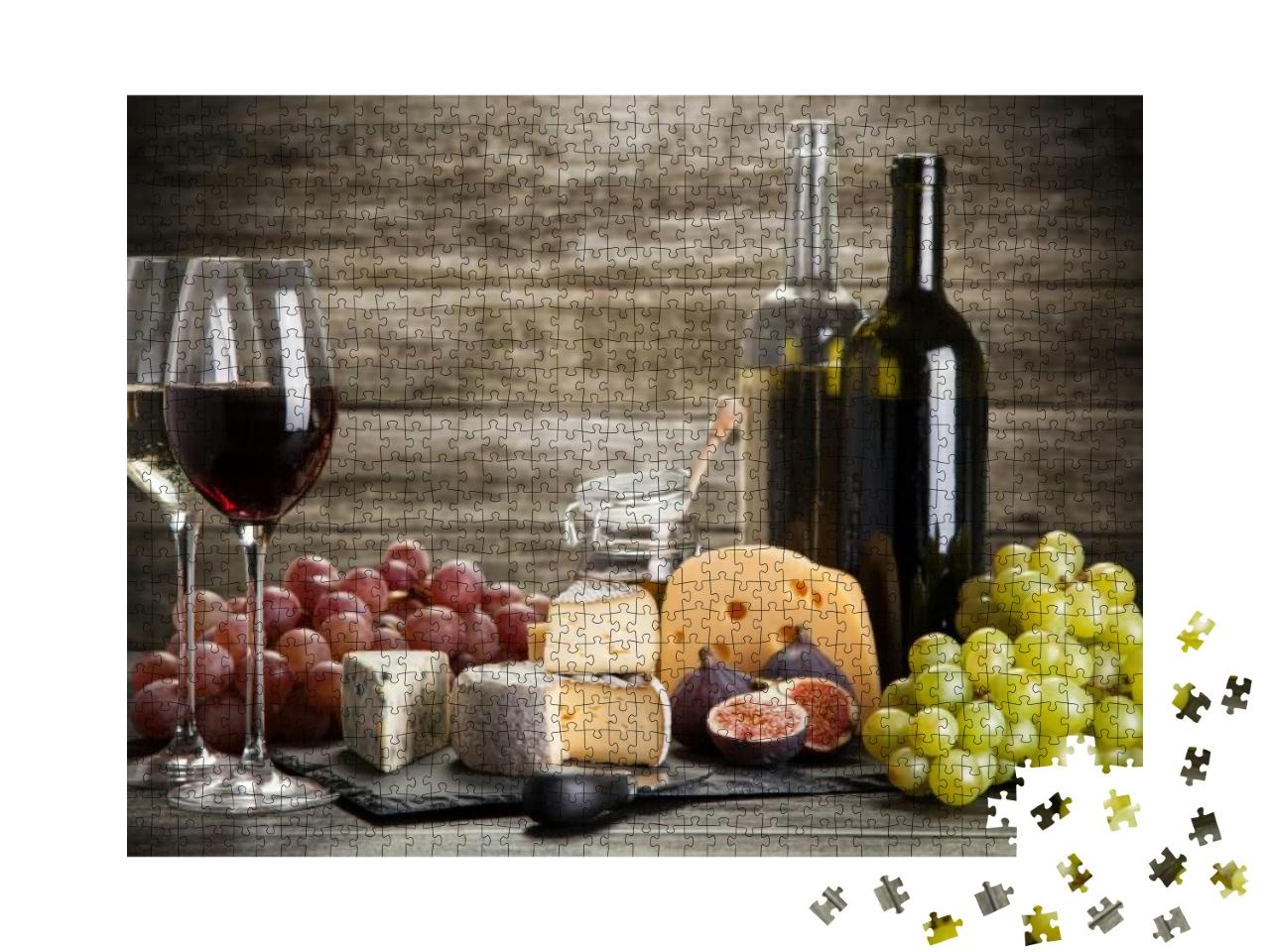 Puzzle 1000 Teile „Wein- und Käsestillleben mit Feigen und Trauben “
