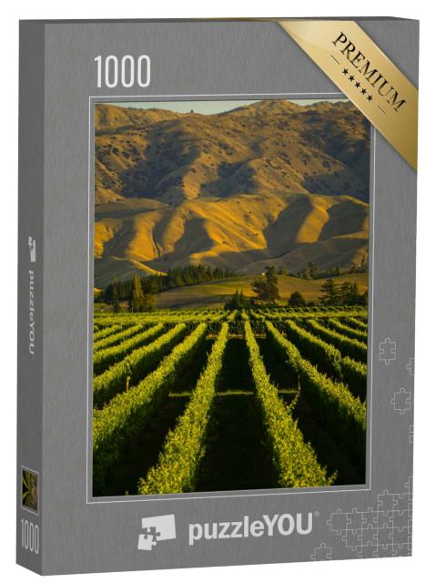Puzzle 1000 Teile „Weinberge vor Sonnenuntergang mit Berg in Blenheim, Neuseeland“