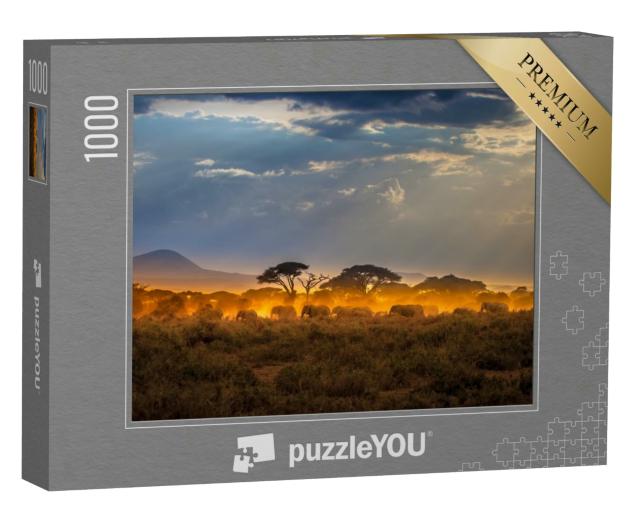 Puzzle 1000 Teile „Wanderung der Elefanten am Abend in der afrikanischen Savanne“