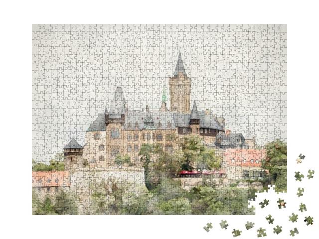 Puzzle 1000 Teile „Aquarell des Schlosses von Wernigerode im Harz, Sachsen-Anhalt“