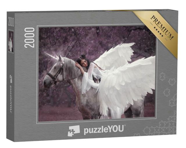 Puzzle 2000 Teile „Weiße Elfe auf ihrem weiß geflügelten Einhorn“