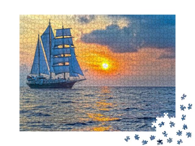 Puzzle 1000 Teile „Segelyacht bei ihrer Fahrt in den Sonnenuntergang“
