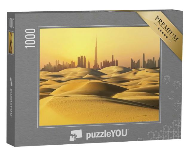 Puzzle 1000 Teile „Skyline von Dubai: Wüste bei Sonnenuntergang“