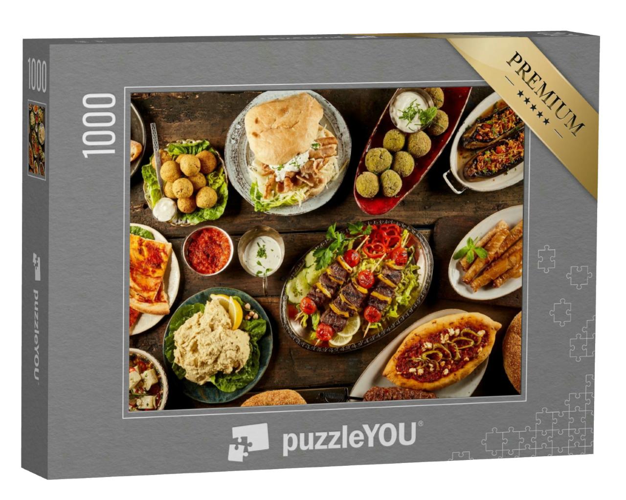 Puzzle 1000 Teile „Mediterrane Gerichte mit Brot auf einem Holztisch“