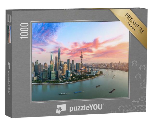 Puzzle 1000 Teile „Luftaufnahme der Skyline von Shanghai im Abendlicht“