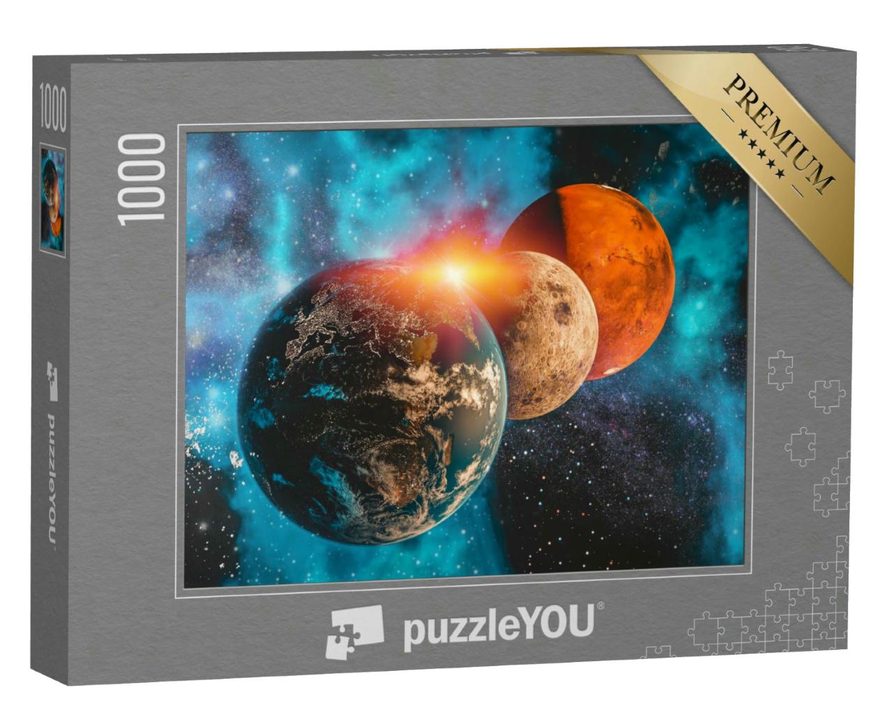 Puzzle 1000 Teile „3D: Raumfahrt, Sonnensystem, Milchstraße, Erde, Mond und Mars“