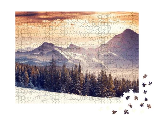 Puzzle 1000 Teile „Fantastische abendliche Winterlandschaft in den Bergen“