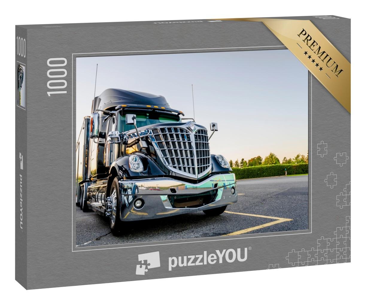 Puzzle 1000 Teile „Amerikanischer schwarzer Truck mit Chrom-Kühlergrill auf einem Parkplatz“