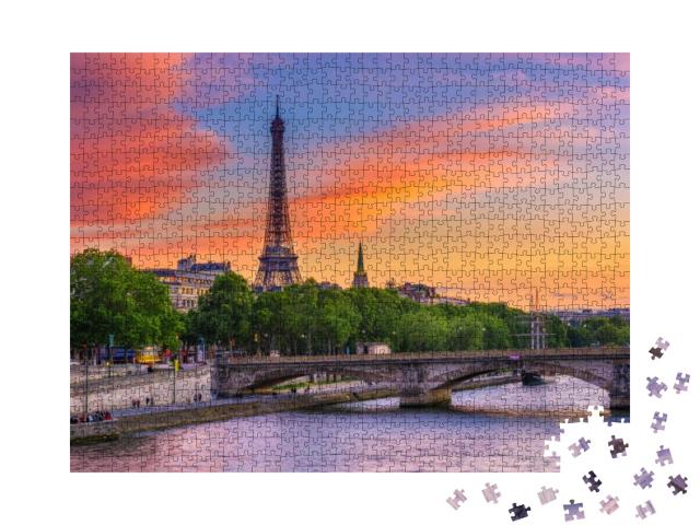 Puzzle 1000 Teile „Sonnenuntergang über Eiffelturm und Seine, Paris“