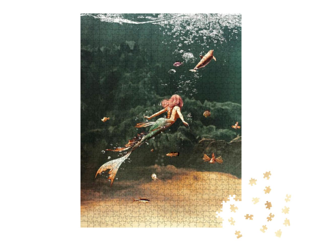 Puzzle 1000 Teile „ Anmutige Meerjungfrau schwimmt mit Fischen und Robbe“