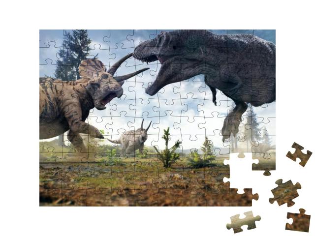 Puzzle 100 Teile „Ein Tyrannosaurus Rex im Kampf gegen eine Triceratops-Herde“