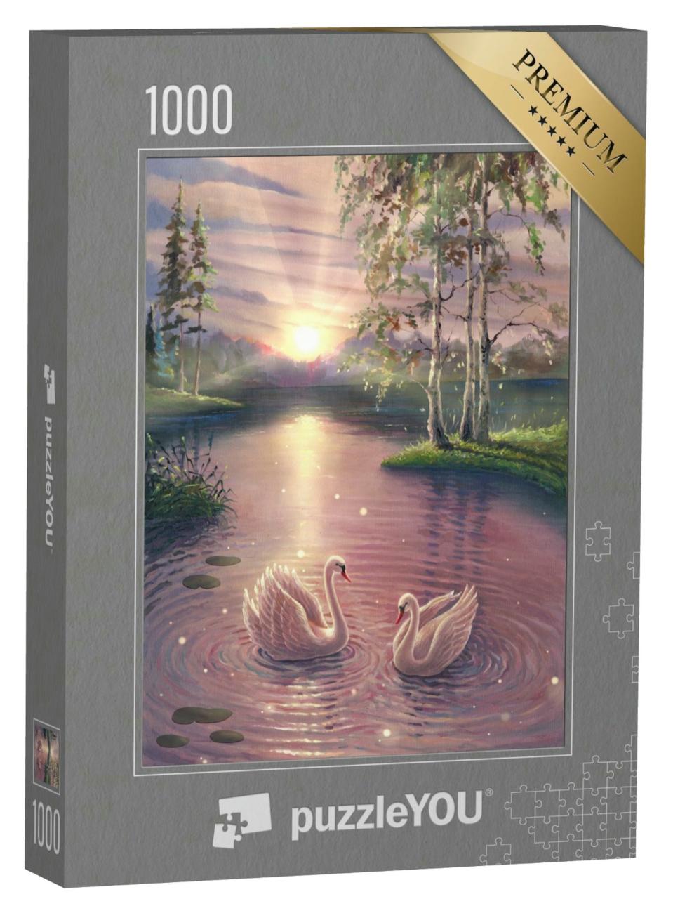 Puzzle 1000 Teile „Ölgemälde: Schwäne auf dem magischen Teich im Wald“