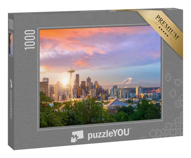 Puzzle 1000 Teile „Skyline von Seattle im Sonnenuntergang“
