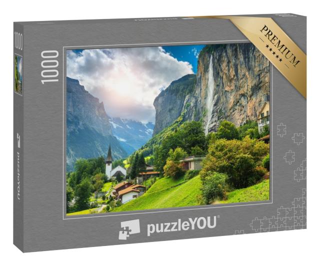 Puzzle 1000 Teile „Malerisches Alpendorf mit dem Staubbach-Wasserfall, Lauterbrunnen, Schweiz“
