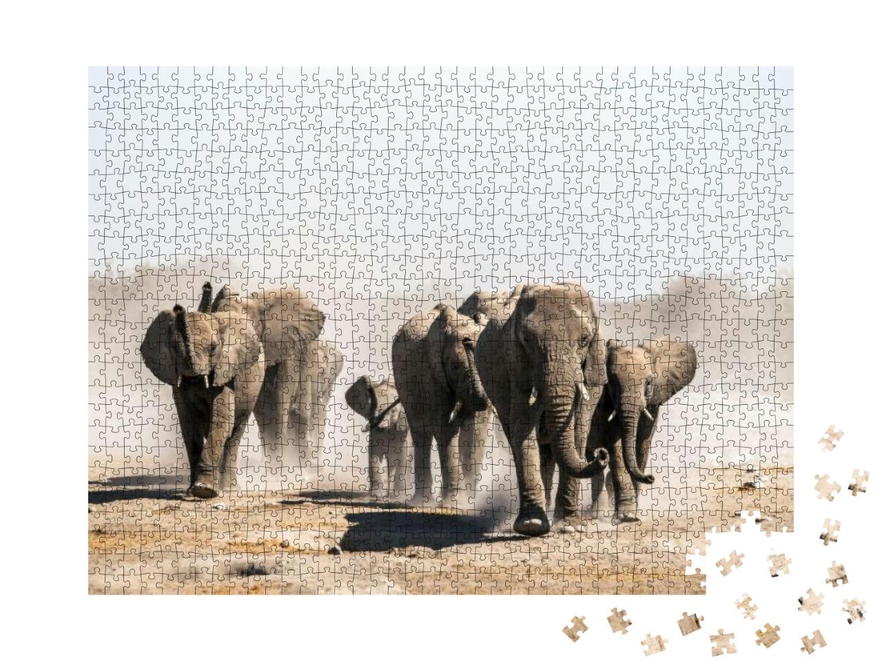Puzzle 1000 Teile „Eine Elefantenherde am Wasserloch, Etosha-Nationalpark, Namibia, Afrika“