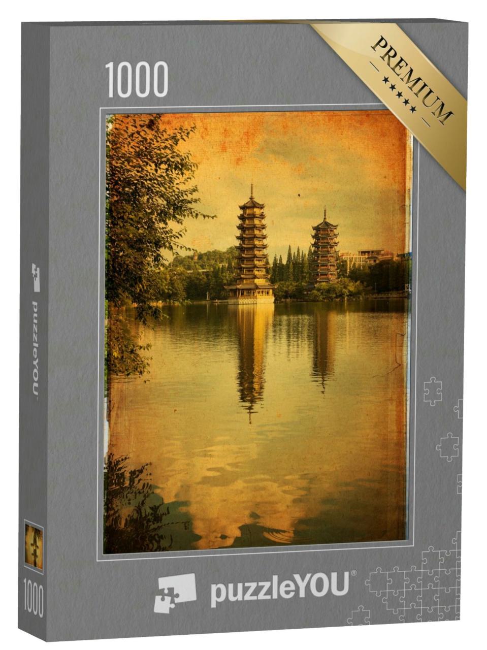 Puzzle 1000 Teile „Schöne Aussicht auf die Zwillingspagoden in Guilin, China“