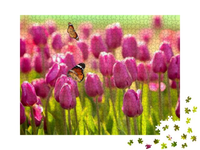 Puzzle 1000 Teile „Schmetterlinge und Tulpen an einem sonnigen Tag“