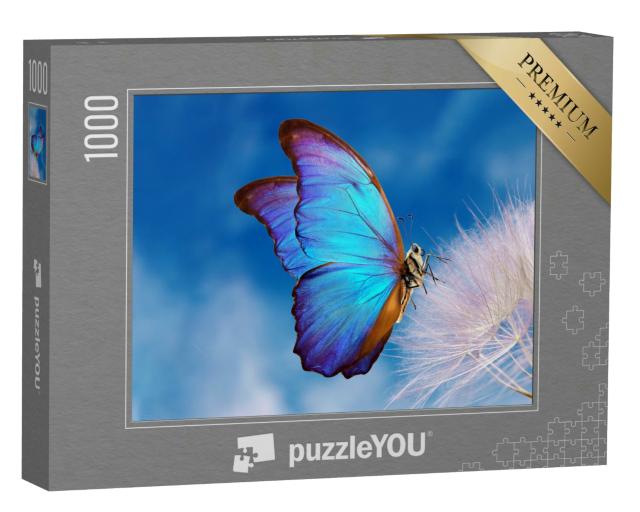 Puzzle 1000 Teile „Der blaue Morpho Schmetterling auf einer Pusteblume“