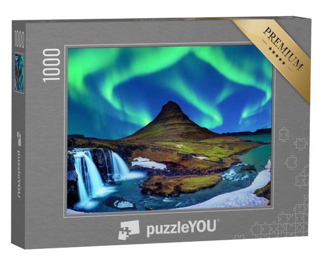 Puzzle 1000 Teile „Nordlicht, Aurora borealis bei Kirkjufell in Island“