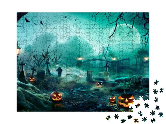 Puzzle 1000 Teile „Kürbisse auf dem Friedhof in der gespenstischen Halloween-Nacht“