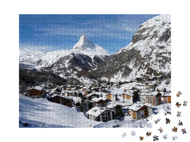 Puzzle 1000 Teile „Winterliches Dorf Zermatt, im Hintergrund das Matterhorn“