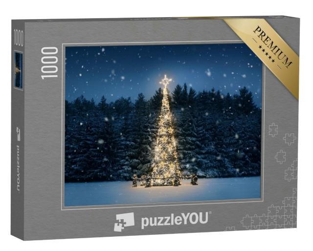 Puzzle 1000 Teile „Beleuchteter Weihnachtsbaum bei Nacht mit fallendem Schnee“