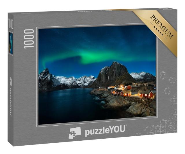 Puzzle 1000 Teile „Traditionelle norwegische Fischerhütten, Insel Hamnøy, Reine auf den Lofoten, Nordnorwegen“