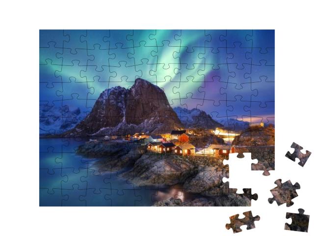Puzzle 100 Teile „Aurora borealis auf den Lofoten, Norwegen“