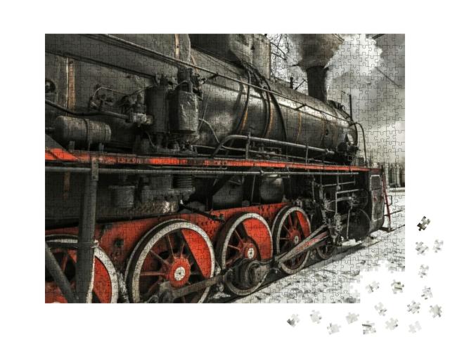 Puzzle 1000 Teile „Eine sowjetische Dampflokomotive auf dem Bahnsteig des Bahnhofs“