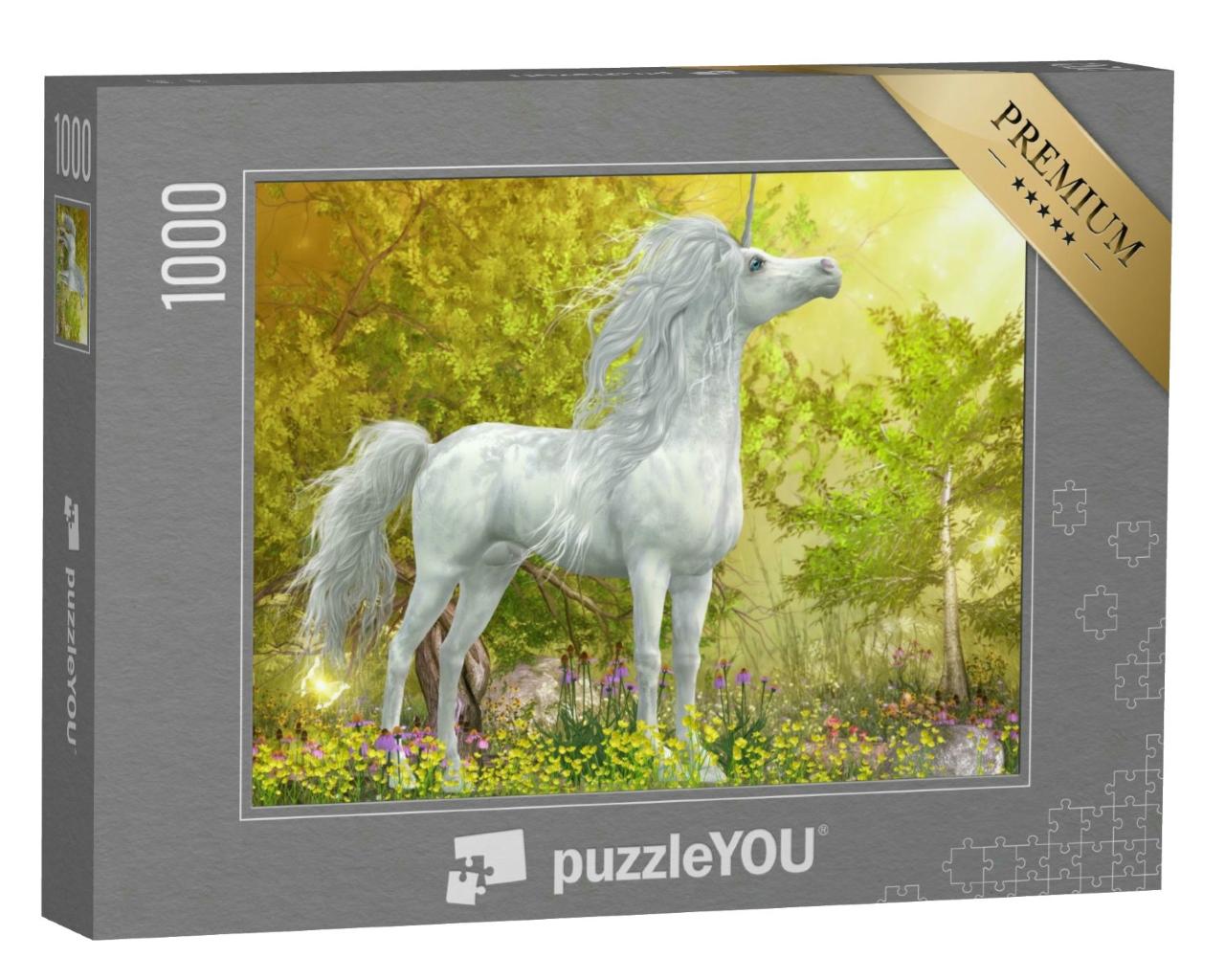 Puzzle 1000 Teile „Einhorn-Hengst auf der Wiese mit gelben Blumen “