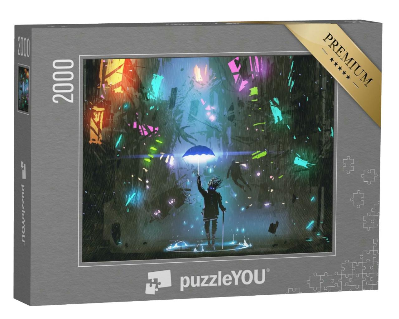 Puzzle 2000 Teile „Sci-Fi-Szene, die einen Mann zeigt, der einen magischen Regenschirm hält“