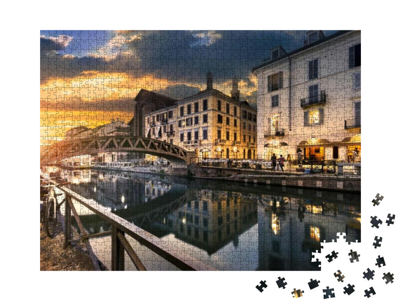 Puzzle 1000 Teile „Brücke über den Naviglio Grande-Kanal am Abend, Mailand, Italien“